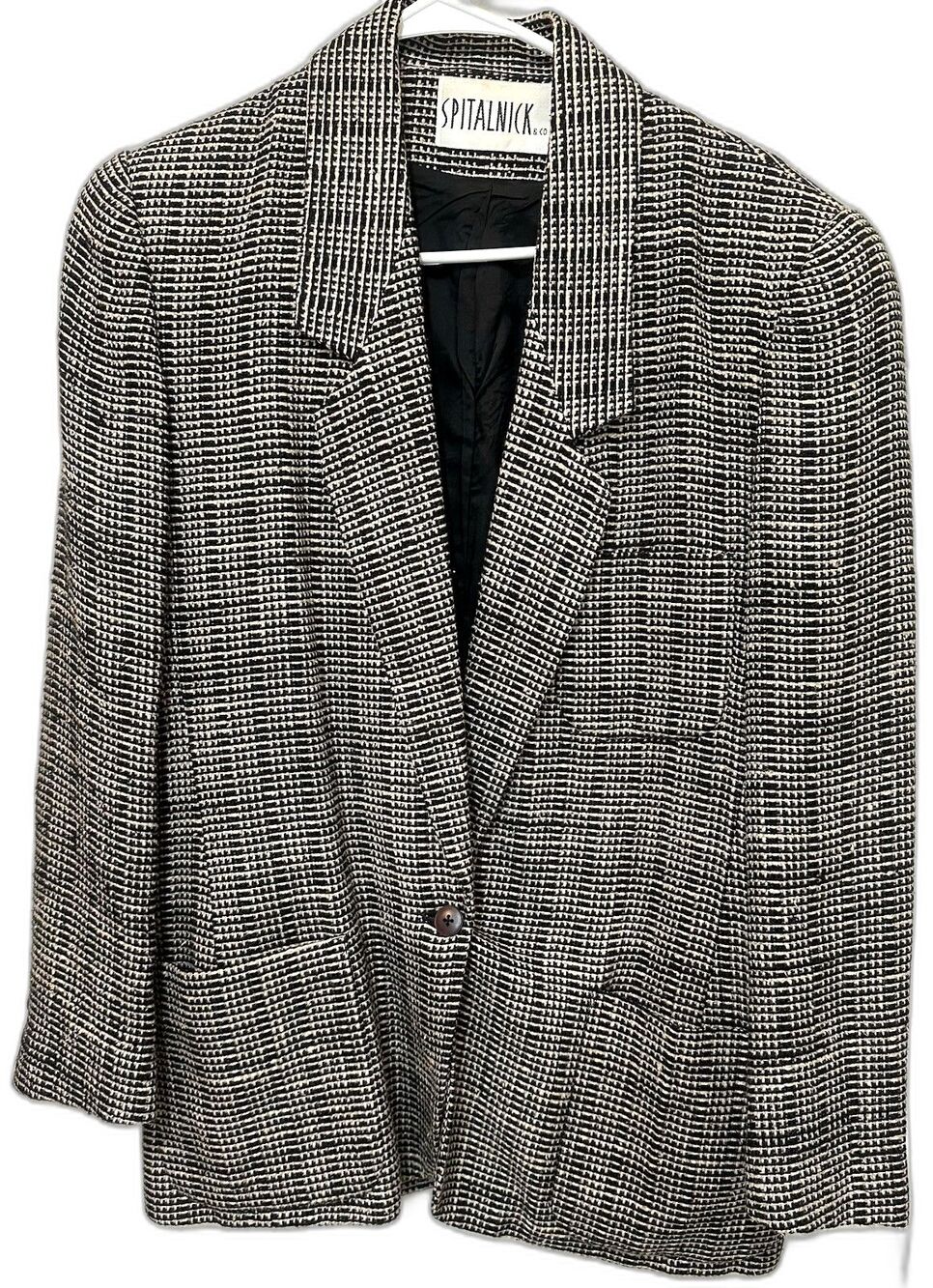 Vintage 80s Silk Blend Blazer Womens Black White Textured Oversized Power Jacket